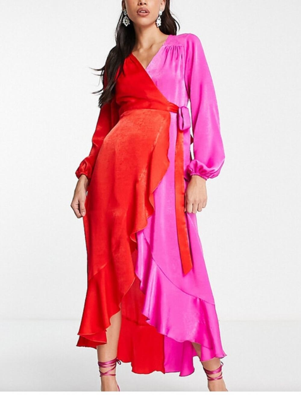 FOUNCE LONDON Size 6 Two-Tone Red and Hot Pink Wrap Women's Dress
